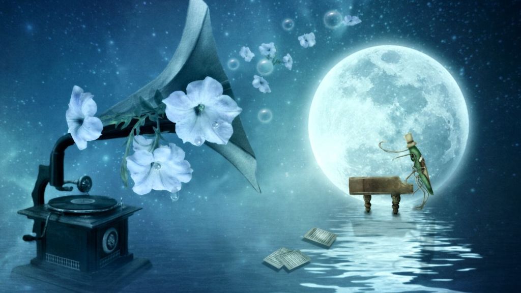 An abstract image of the moon and a Gramaphone with petunias and a grasshopper at the piano and water beneath it all